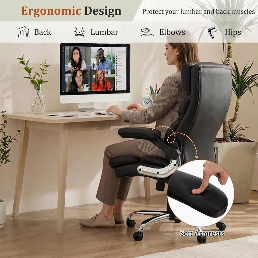 Sedia da Ufficio Girevole e Regolabile in Altezza, Poltrona Scrivania Ergonomica con Braccioli Ribaltabili e Cuscino Imbottito, Funzione di Oscillazione, per Studio e Lavoro, Nero