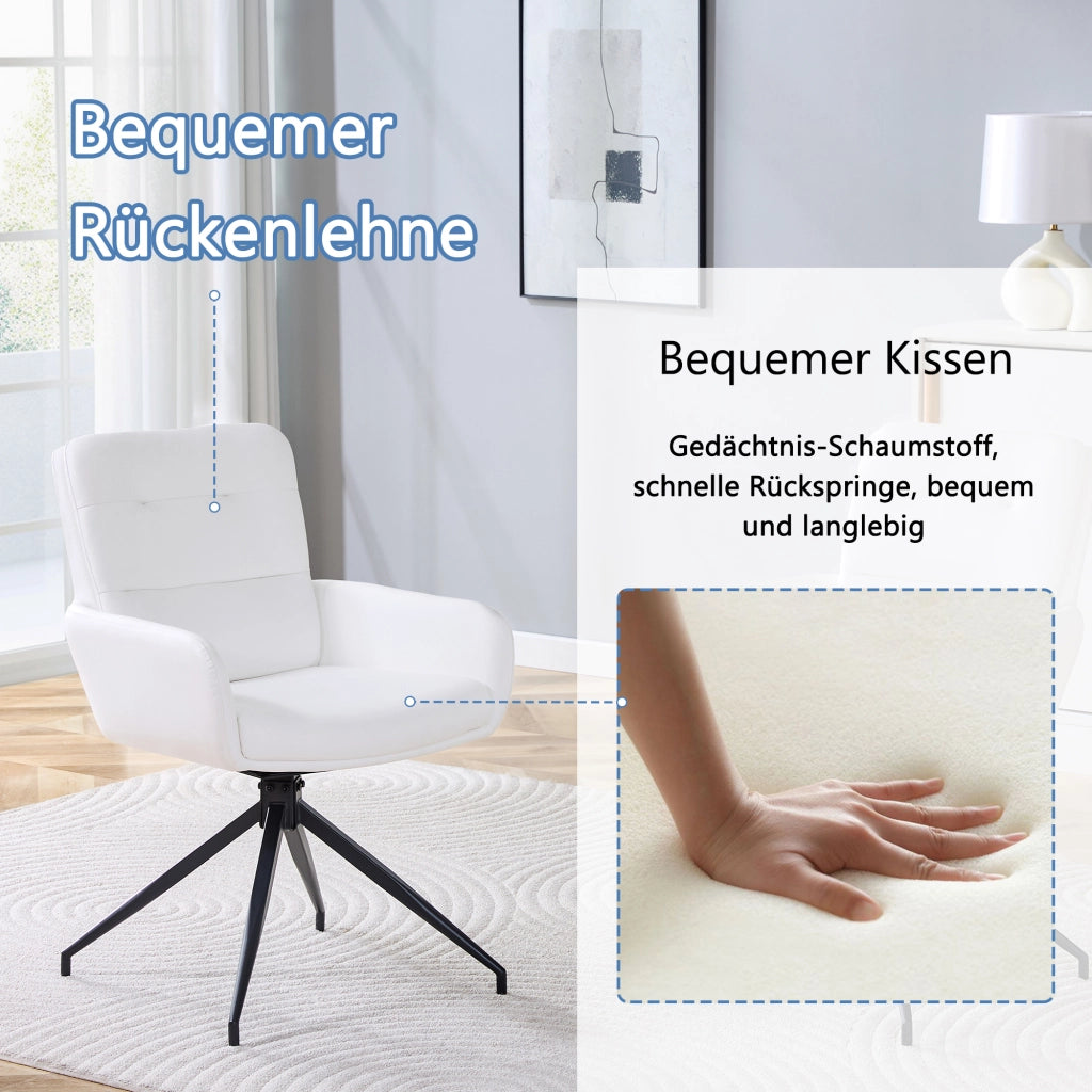 Sedia da pranzo girevole 360° con schienale capitonné, PU e gambe in metallo nere, bianco e nero, 85 cm