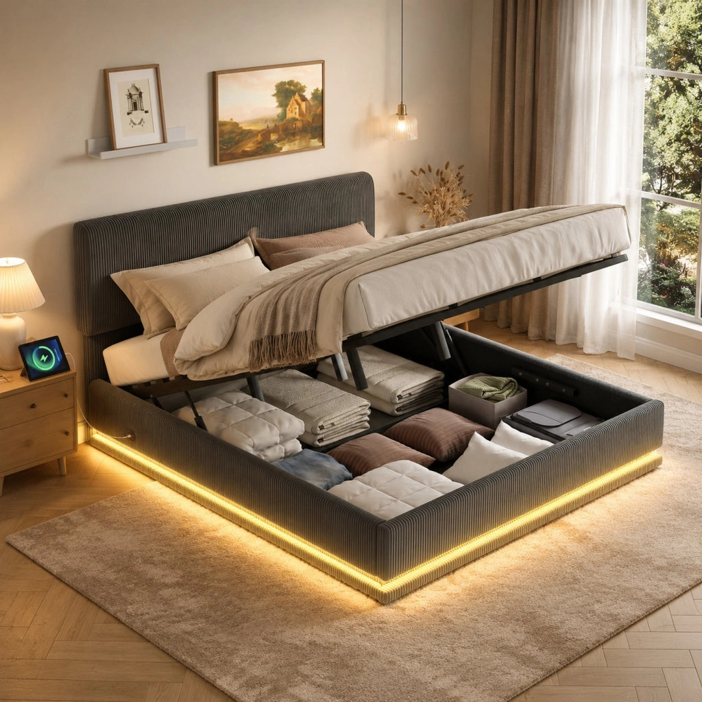 Letto imbottito 160x200 cm grigio scuro con LED e USB-C