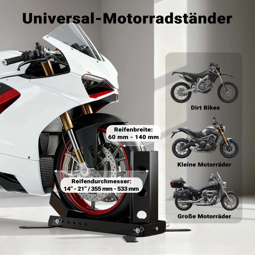 Cavalletto blocca ruota moto max 450 kg, per pneumatici anteriori e posteriori da 14-21", reggi-ruota inclinabile