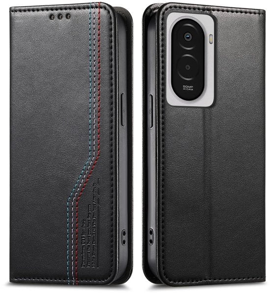 Portafoglio Premium con Pelle Finta - Custodia per Smartphone con 2 Slot per Carte - Supporto per Fotocamera - Resistente allo Shock - Materiale Silicone - Nero - Custodia per Telefono