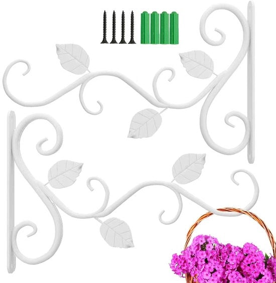 Supporto per Pianta a Parete per Pianta Sospesa, 2-Pack Supporto per Pianta Fissa, Hanger per Pianta Sospesa per Esterno, Stile Antico, Supporto per Pianta in Metallo (Bianco)