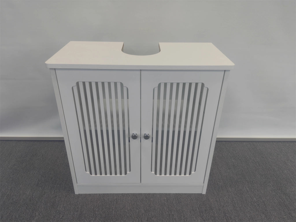 Mobile sottolavabo con 2 ante a lamelle e ripiano, in truciolato, per bagno e lavanderia, bianco, 70 × 35,3 × 14,5 cm
