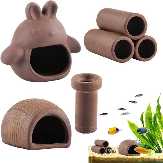 Sistema di riparo ceramico 4 pezzi per gamberi acquari - accessori acquario terracotta vaso per pesci (tubo di gomma tubo di ceramica)