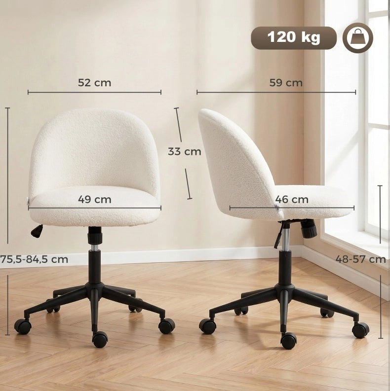 Sedia da ufficio girevole in teddy color crema con ruote