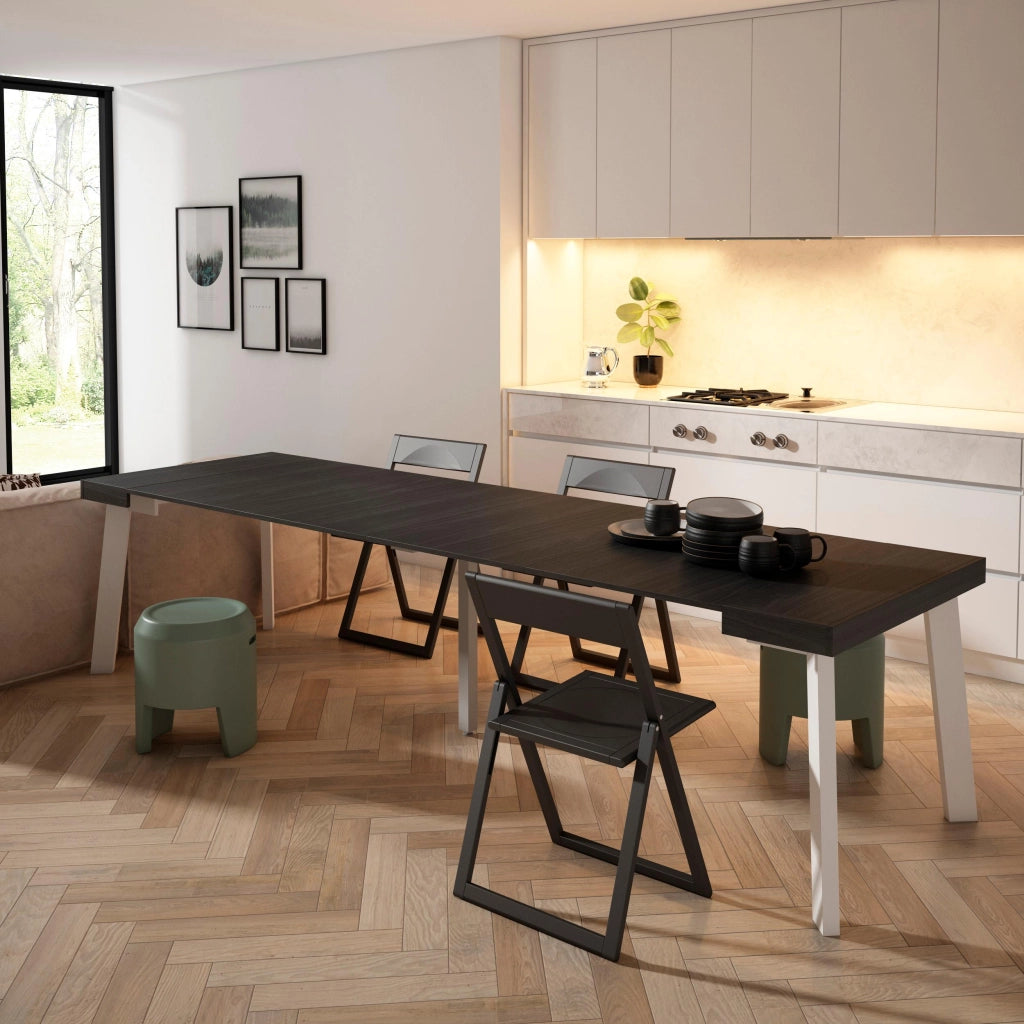 Consolle allungabile, 302x90x73cm, Per 14 persone, Gambe in legno, Nero RF3104