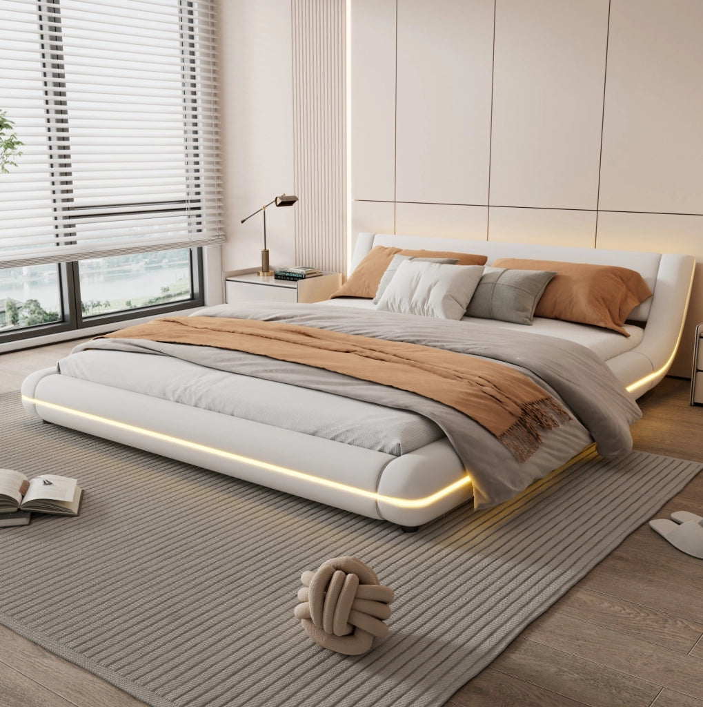Letto a pavimento 160x200 cm con LED e struttura bianca