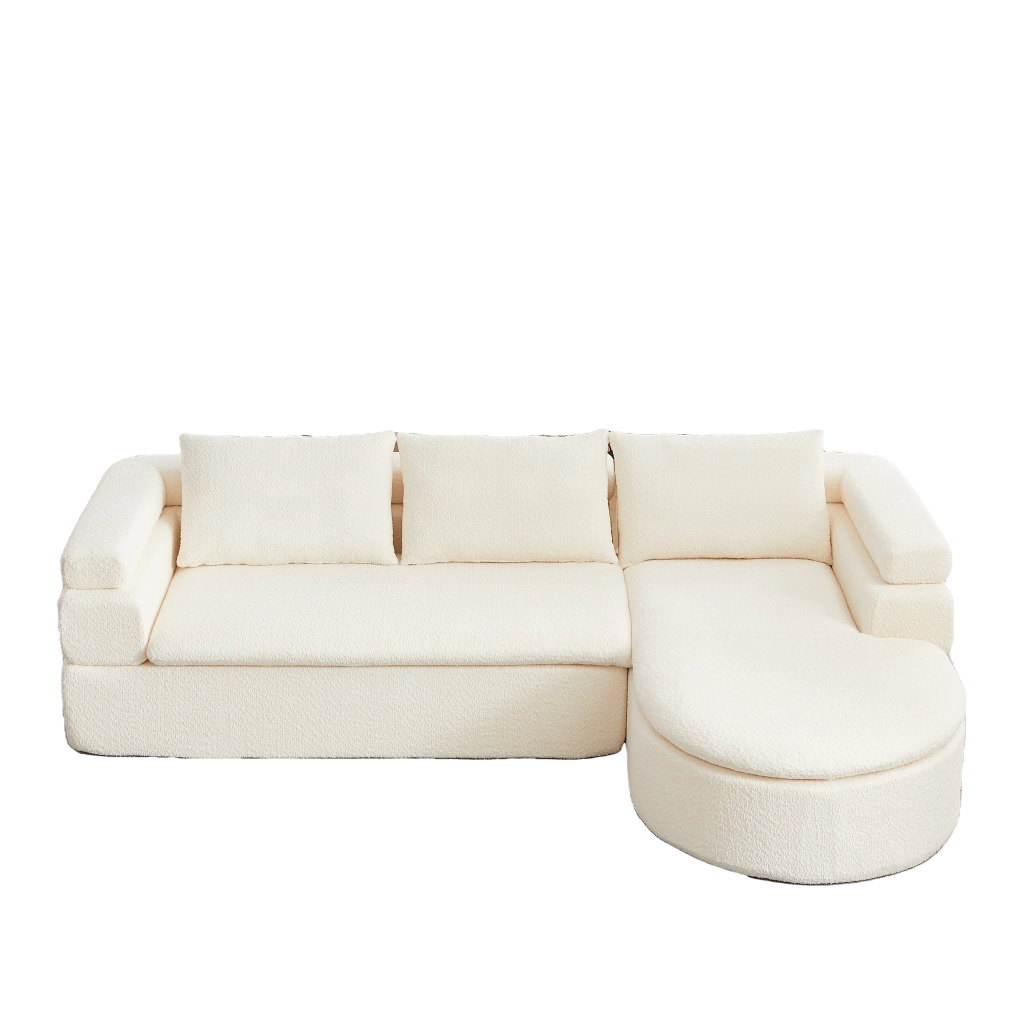 Divano moderno con chaise longue curva in ciniglia beige; profilo a gradini
