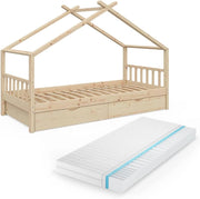 Letto montessori bambini Design, Legno naturale, 90x200 cm con 2 cassetti e materasso, con sponda anticaduta e rete a doghe per un sonno sicuro