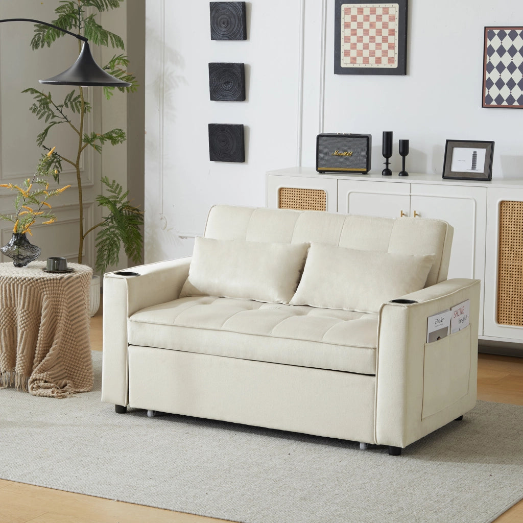 OKWISH Divano Letto 2 Posti, Schienale Regolabile a 3 Posizioni con Portabicchieri, Tasche Laterali e Cuscini, Velluto Beige