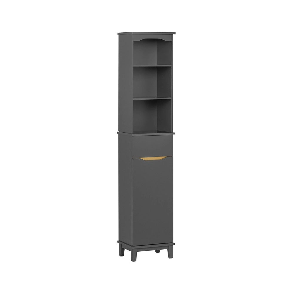 SoBuy Mobile Bagno Salvaspazio Colonna Alta con 3 Ripiani Aperti e Anta con Cassetto Mobiletto Bagno Stretto per Piccoli Spazi Armadietto Salvaspazio per Lavanderia e WC 35 x 30 x 170 cm BZR112-DG