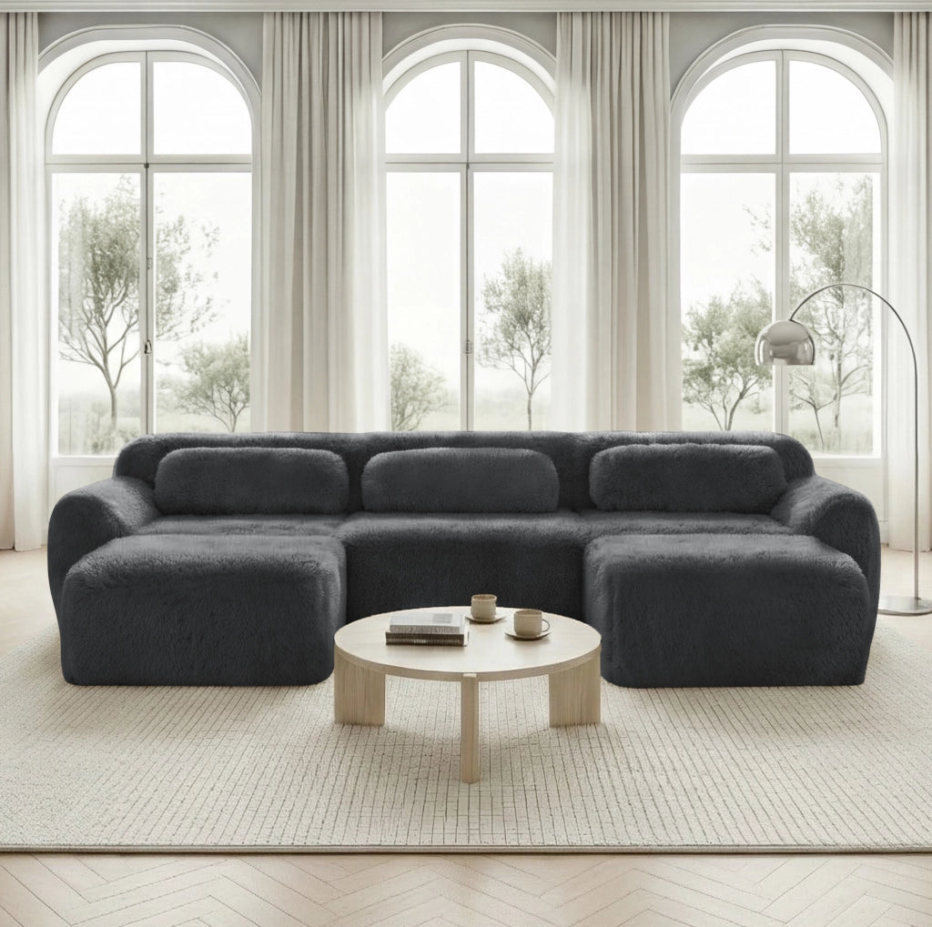 Divano modulare a U in tessuto peluche; senza montaggio; grigio