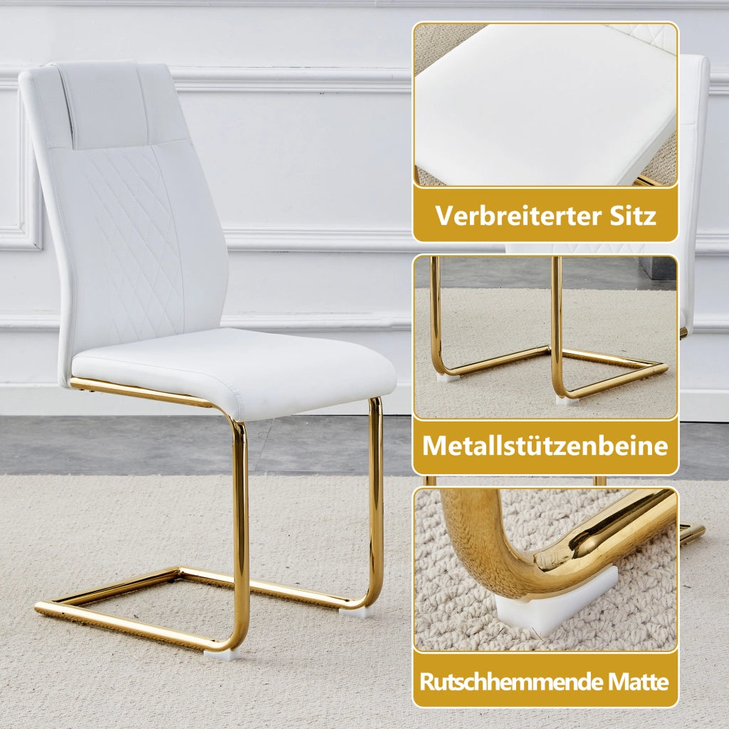 Sedia da sala da pranzo con schienale traforato e gambe in metallo con piedini antiscivolo in pu bianco oro