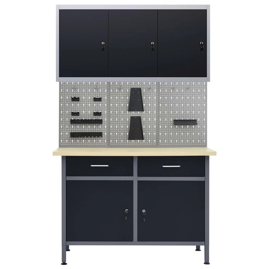 Banco da lavoro 120 cm 3 pannelli a parete e 1 mobiletto da lavoro per officina grigio/nero 02_0003664