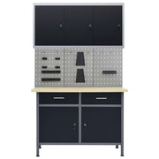 Banco da lavoro 120 cm 3 pannelli a parete e 1 mobiletto da lavoro per officina grigio/nero 02_0003664