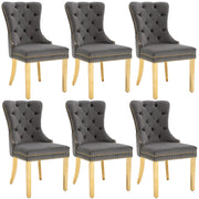 6 Sedie da Pranzo con Anello Rotondo sullo Schienale; Borchie Decorative e Piedini Regolabili; Velluto; Grigio
