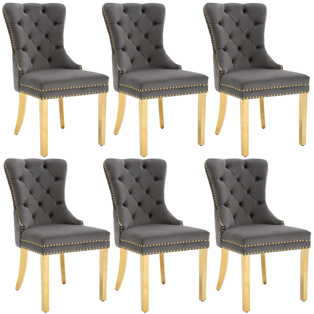 6 Sedie da Pranzo con Anello Rotondo sullo Schienale; Borchie Decorative e Piedini Regolabili; Velluto; Grigio