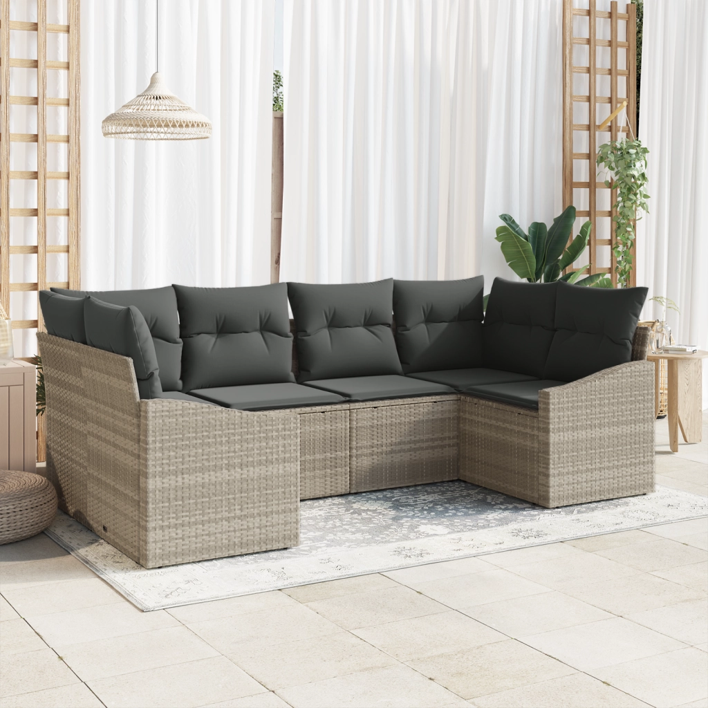 Set Divano da Giardino 6 Pezzi con Cuscini Grigio Chiaro Polyrattan