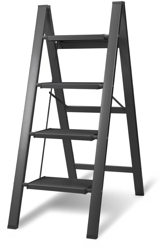 Scala Opnubile a 4 Gradini Inclinabile Trappola di Cucina - Anti-Slittamento - Scala a Tredini in Alluminio Nero