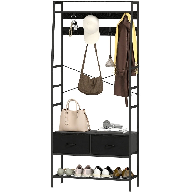 Appendiabiti da ingresso con scarpiera; 8 ganci; 2 cassetti in tessuto; nero; 80x30x180;5 cm