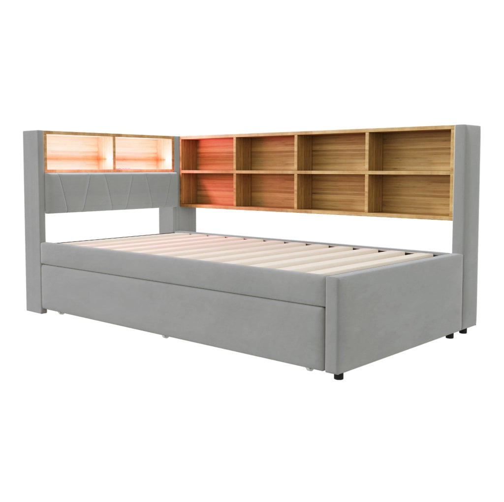 Divano letto multifunzione 90x200 cm con letto estraibile 90x190 cm; LED; USB e contenitori; grigio chiaro