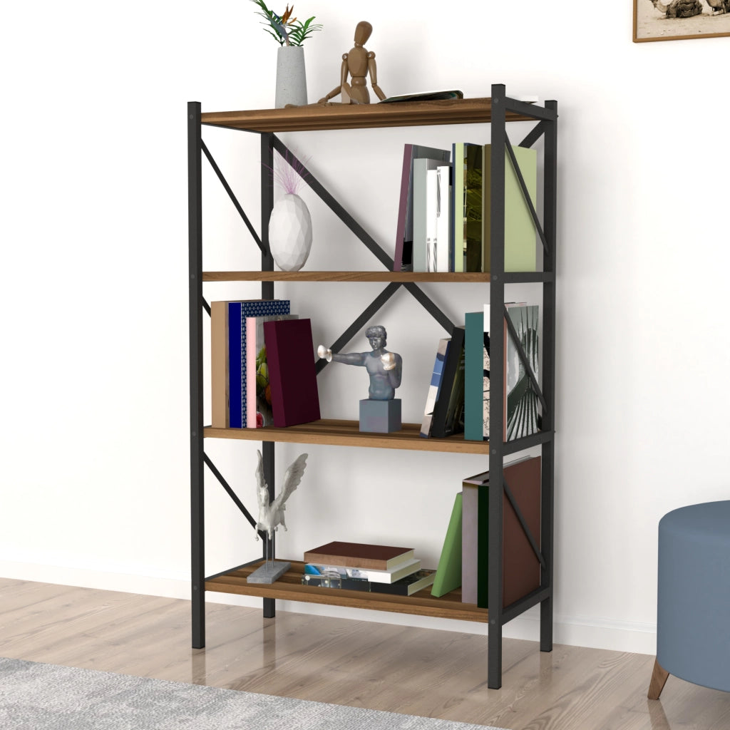 Scaffale da Terra 'Vanylven' Libreria a 4 Ripiani Mobile da Stoccaggio - Effetto Noce [en.casa]