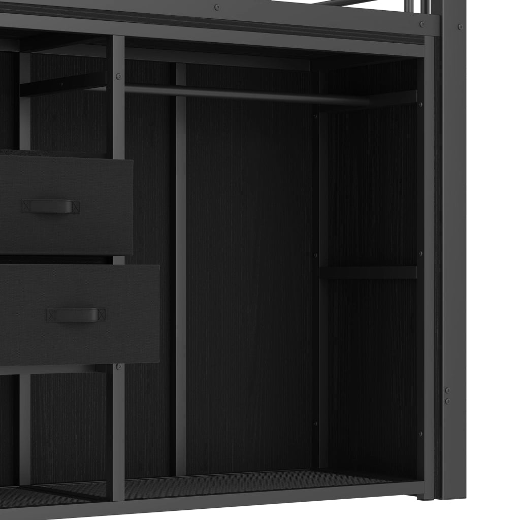 DESMIU Letto a soppalco 90 × 200 cm 1 posto con 2 cassetti, appendiabiti aperto e LED multicolore, senza materasso
