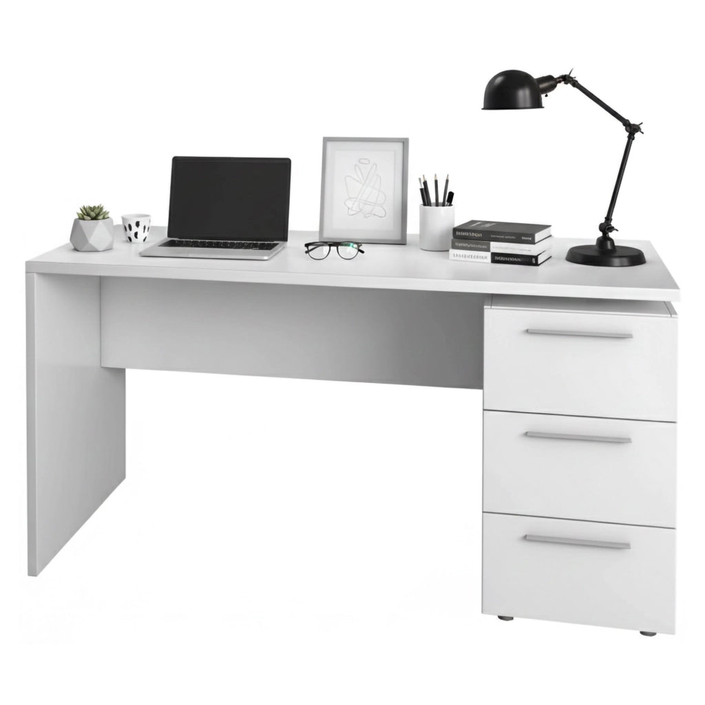 Scrivania Alimet, Scrittoio da ufficio moderno, Tavolo da studio con cassettiera a 2 cassetti e 1 anta, cm 138x60h74, Bianco