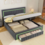 Letto matrimoniale imbottito 180x200 cm grigio scuro in velluto con LED e cassetti