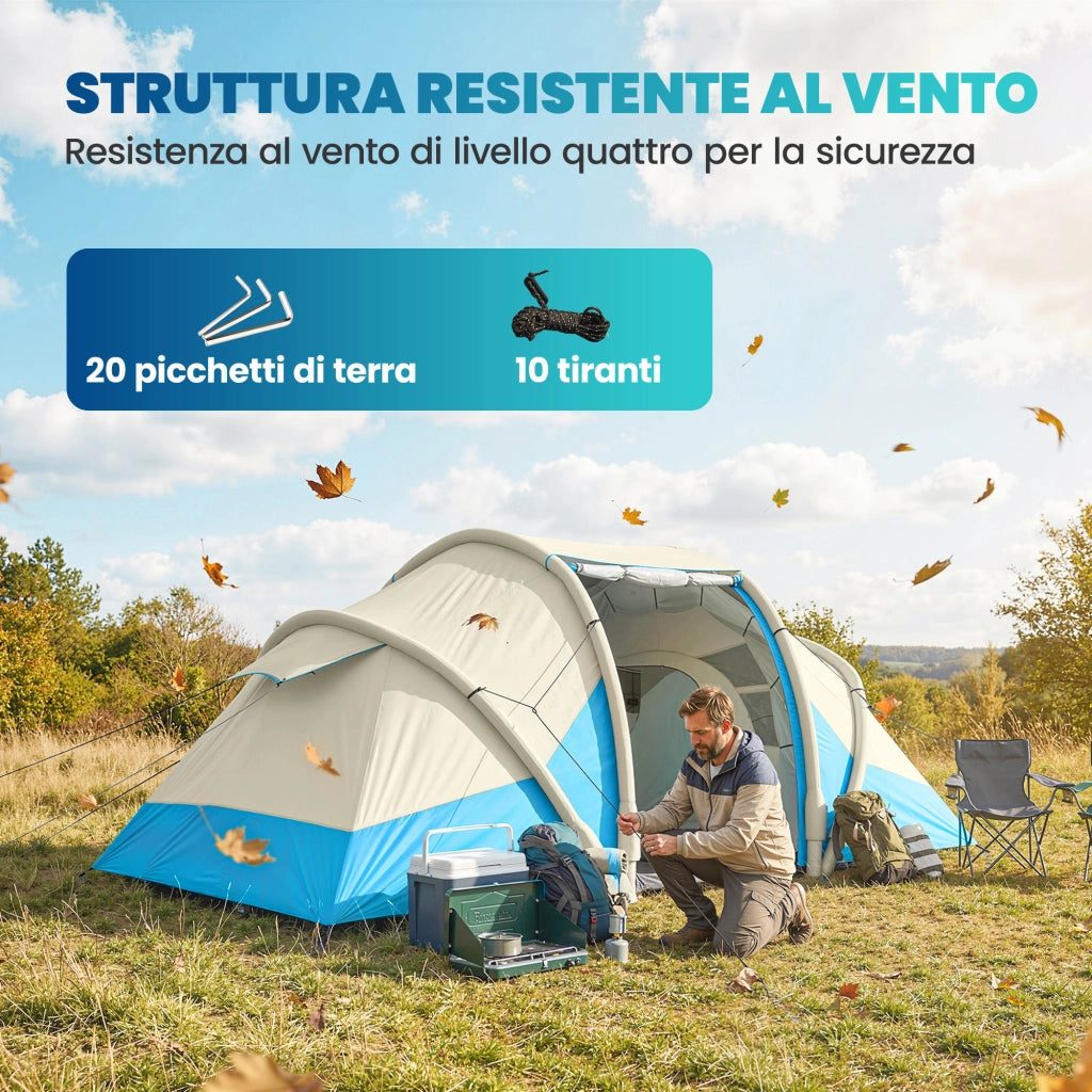 Tenda Gonfiabile-Tenda da campeggio, Facile da Montare, 4 Persone, 2 Camere da Letto, Blu