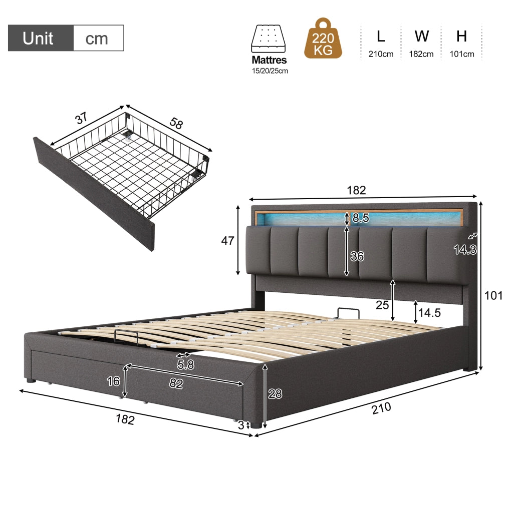 Letto imbottito 180x200 cm con illuminazione LED; rete a doghe; lino; grigio scuro