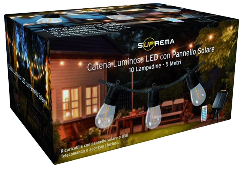 Suprema CATENA LUMINOSA SOLARE CON GIOCHI DI LUCE, 10 led, 5W, mt. 5x10 luci, luce calda