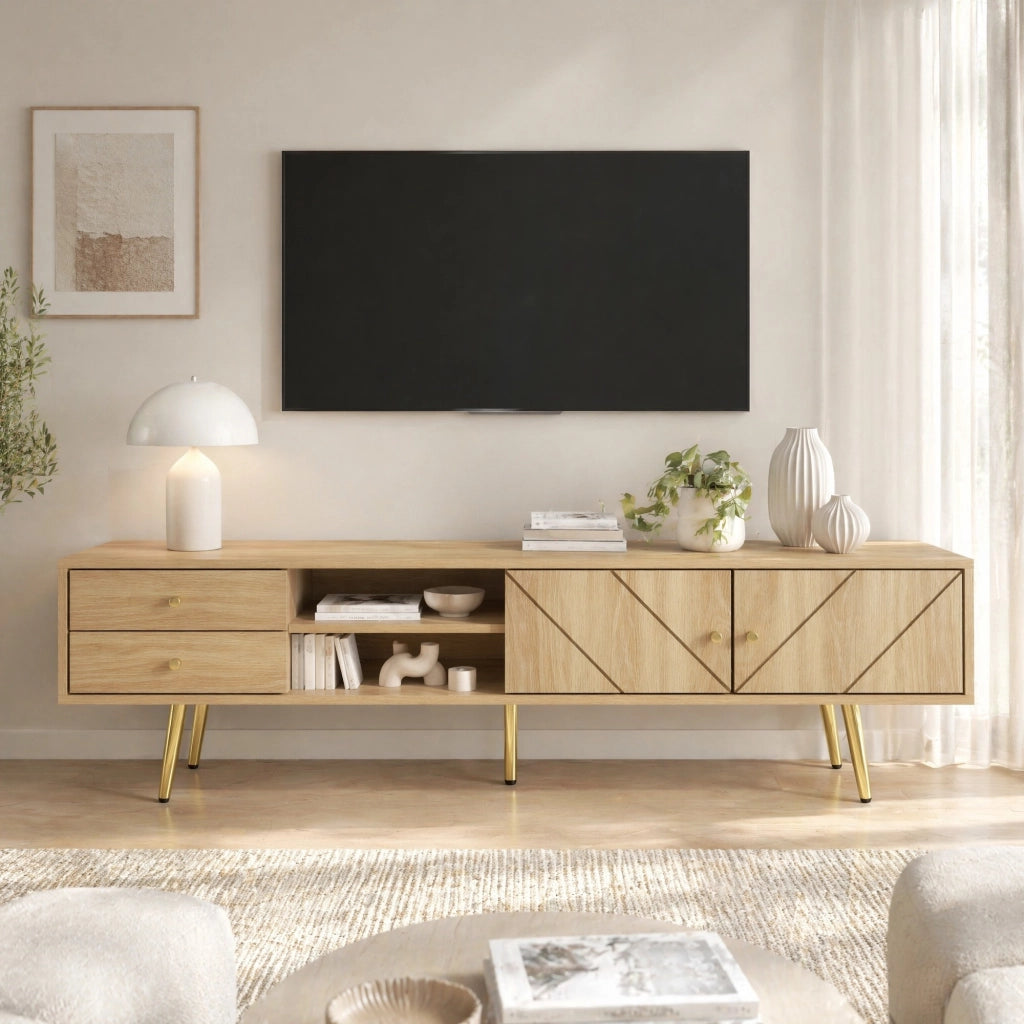 TV-Board 160 cm in legno con due cassetti, due ante e piedi metallici dorati