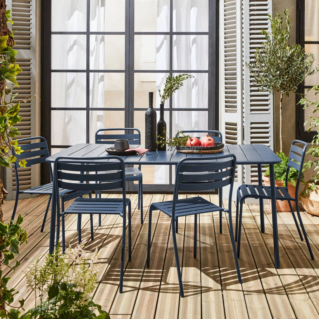 Set tavolo da giardino bistrot in acciaio con 6 sedie, 160cm, blu navy