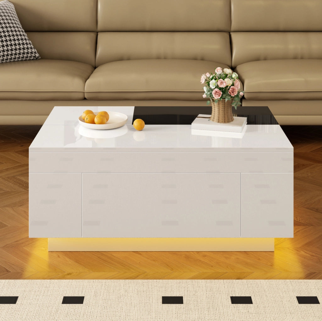 Tavolino 80x50x35,5 cm nero e bianco, con LED e contenitore, MDF lucido