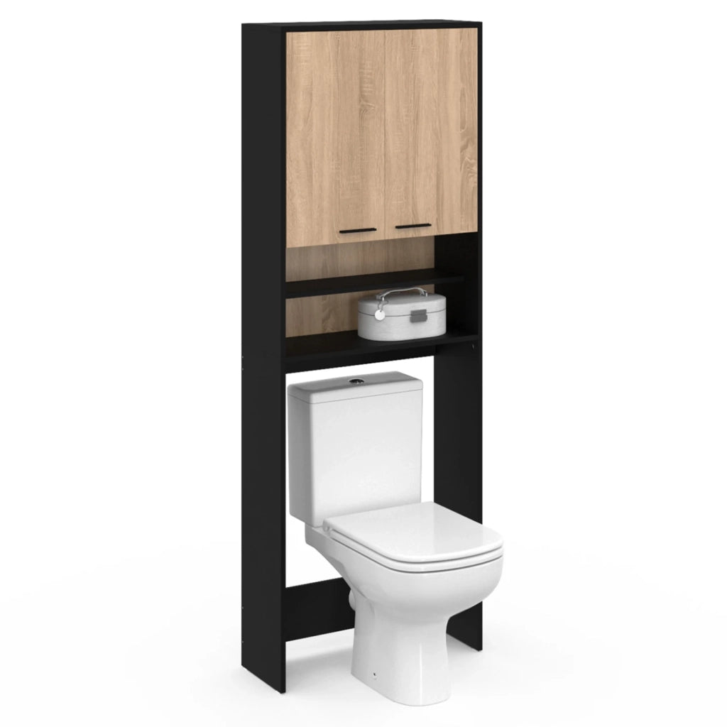 IDMarket - Scaffalatura WALLIS nera e in faggio per lavatrice e piano WC