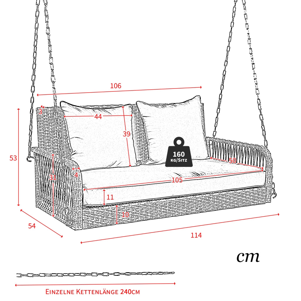Hollywoodschaukel in Rattan Grigio - Zephmum - 2 Posti, Cuscini Rimovibili e Lavabili
