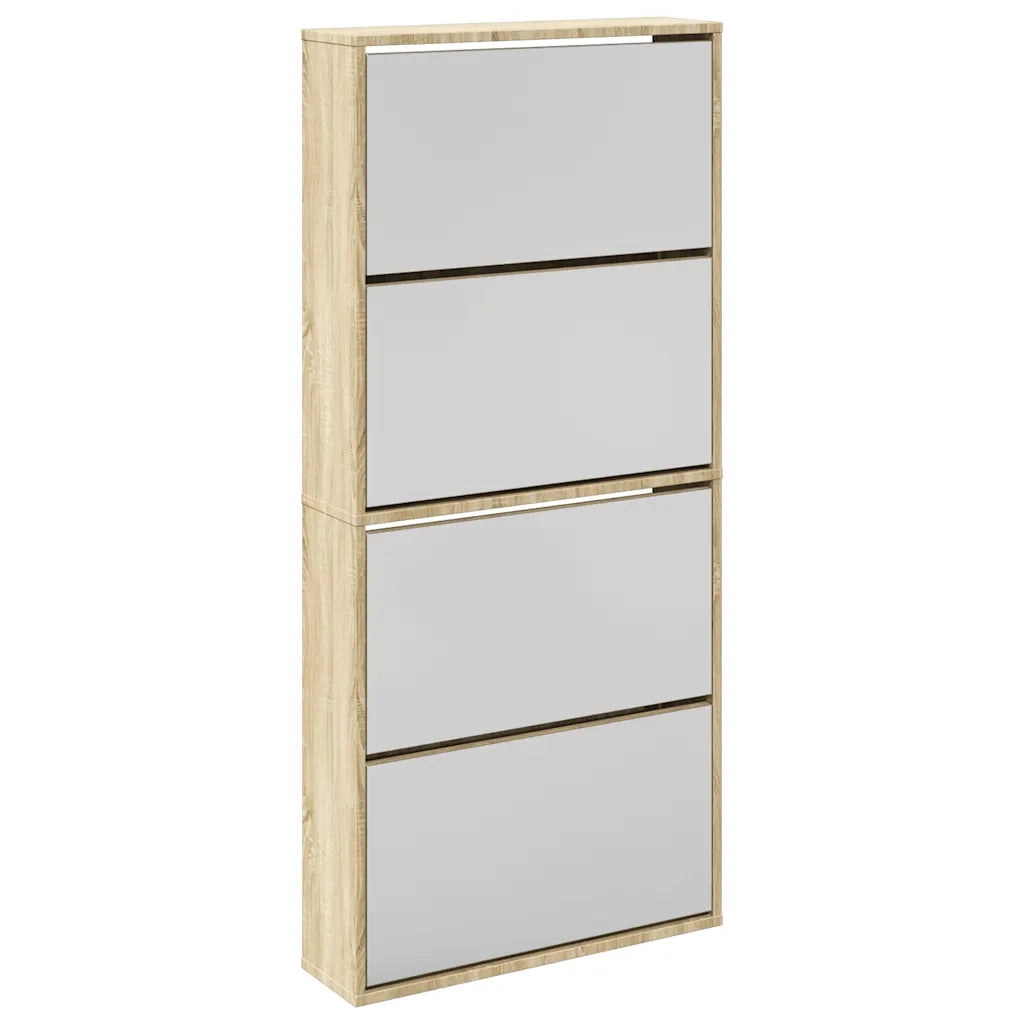 Scarpiera a 4 Strati con Specchio Rovere 63x17x134 cm
