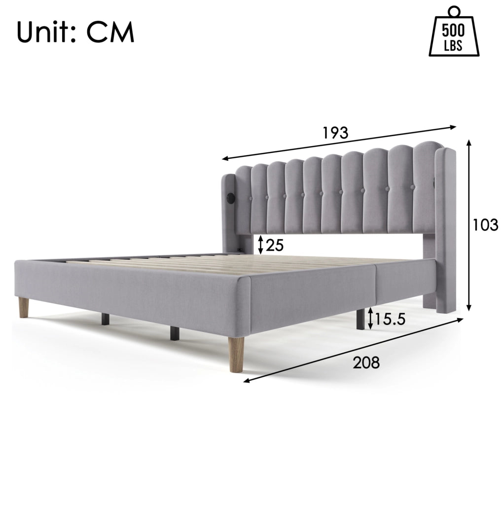 Letto matrimoniale imbottito 180x200 cm in lino grigio con USB e Type-C