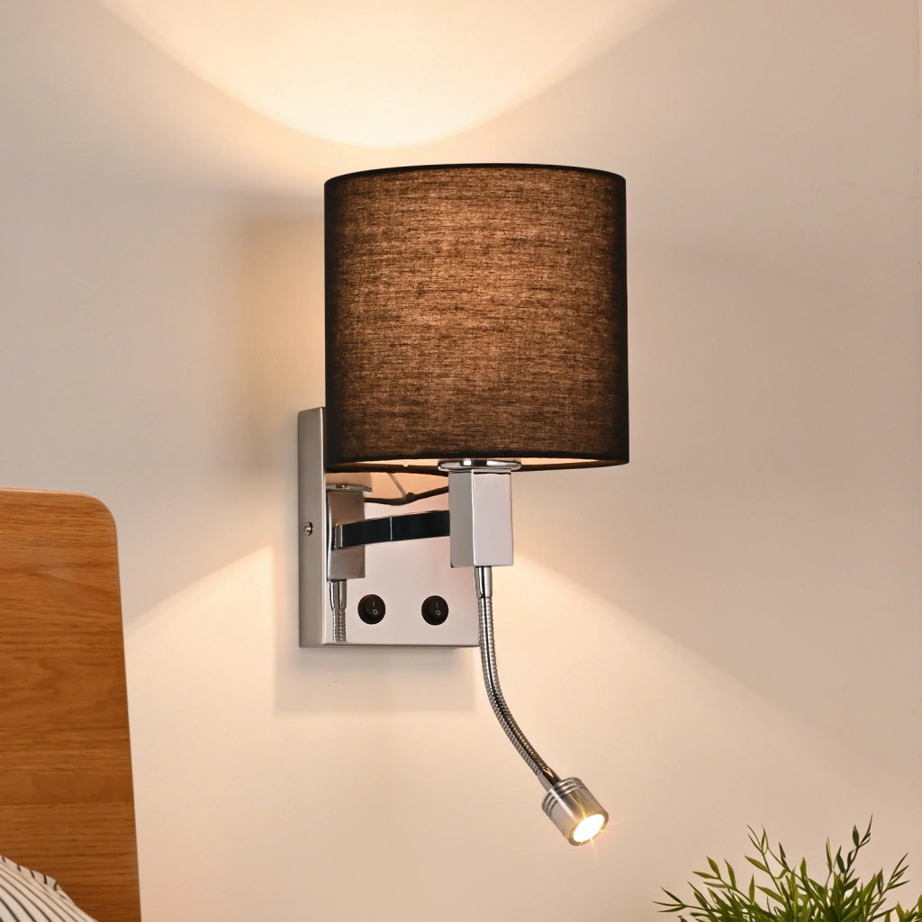 ZMH Lampada da Parete Nera Orientabile con Paralume in Tessuto Rotondo E27 per Camera da Letto Corridoio