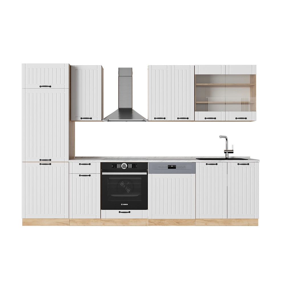 Cucina componibile Fame-Line Bianco rustico/Rovere dorato 300 cm, PL Marmo Vicco