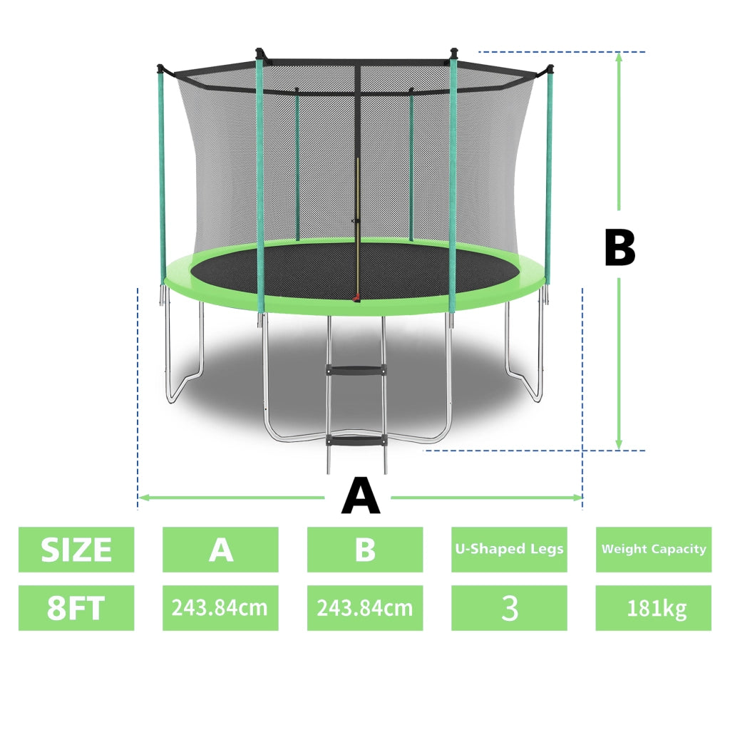TRAMPOLINO da esterno e interno 243,84 x 243,84 cm Verde con rete di sicurezza e scala