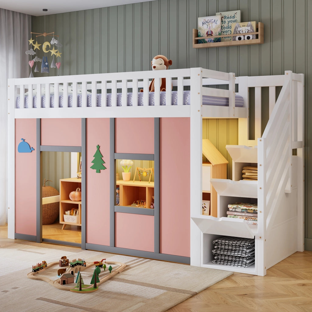 Letto a soppalco per bambini 90 × 200 cm con scala contenitore, LED, barriera di sicurezza, senza materasso, bianco rosa