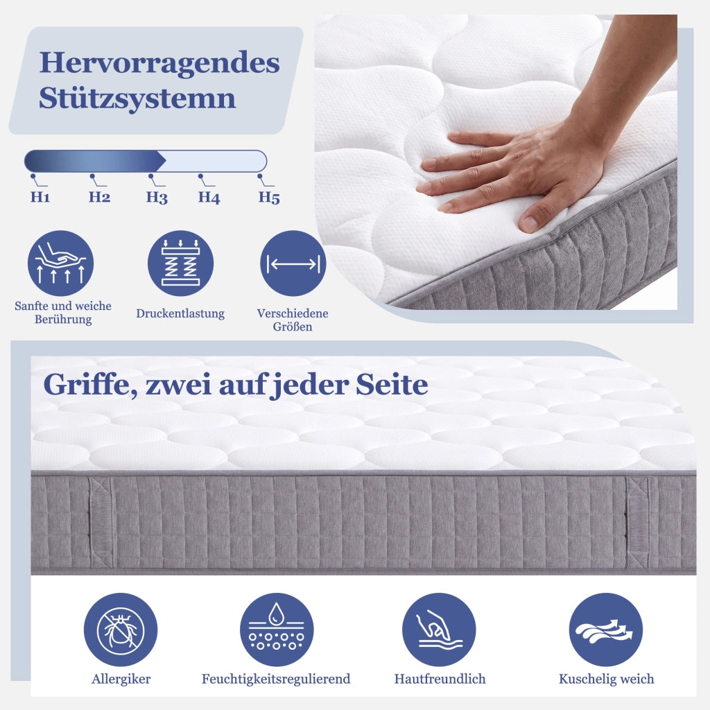 Materasso in schiuma fredda 90 × 200 cm, 7 zone, 25 cm, H3, 4 maniglie, traspirante, materasso incluso, bianco