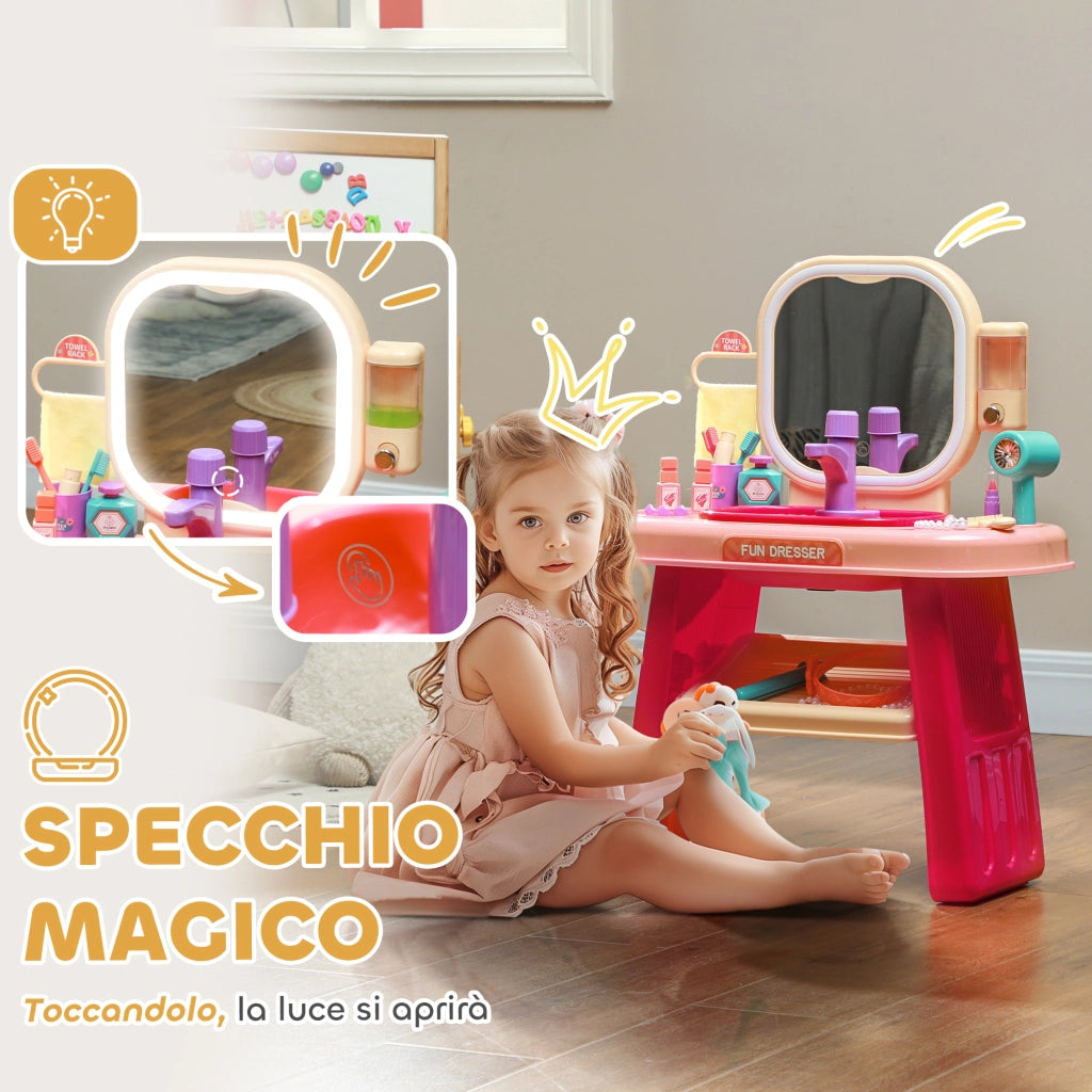 Tavolo Toeletta Bambini con Specchio Acrilico e Rubinetto ¨C zephmum ¨C 55x29x71 cm, Rosa