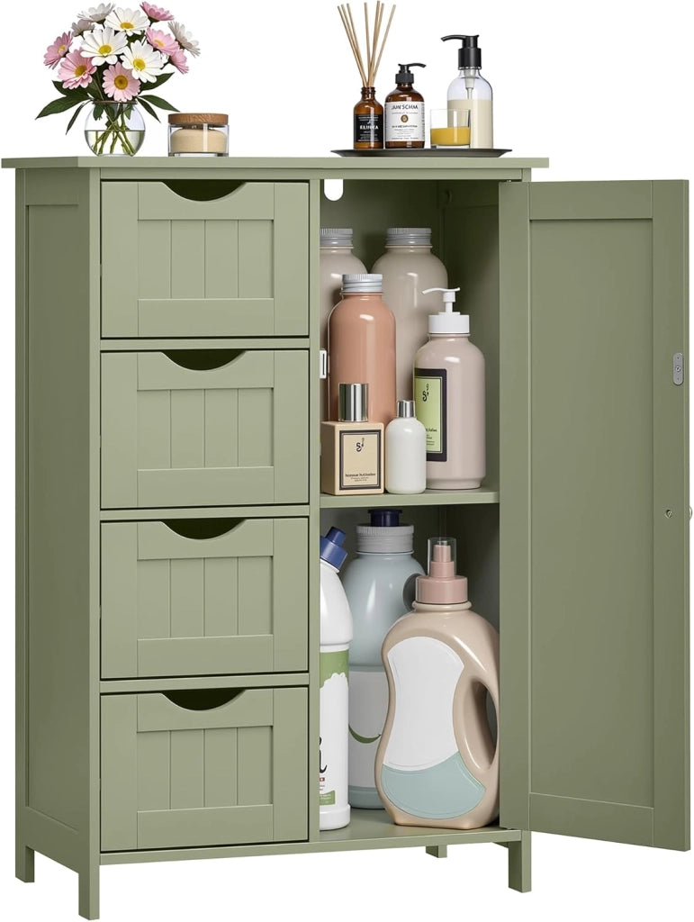 VASAGLE Mobile da Bagno, Armadietto Autoportante, Mobiletto in Legno con 4 Cassetti e Anta, Ripiano Regolabile, per Soggiorno, Cucina, Corridoio, Bianco LHC41W