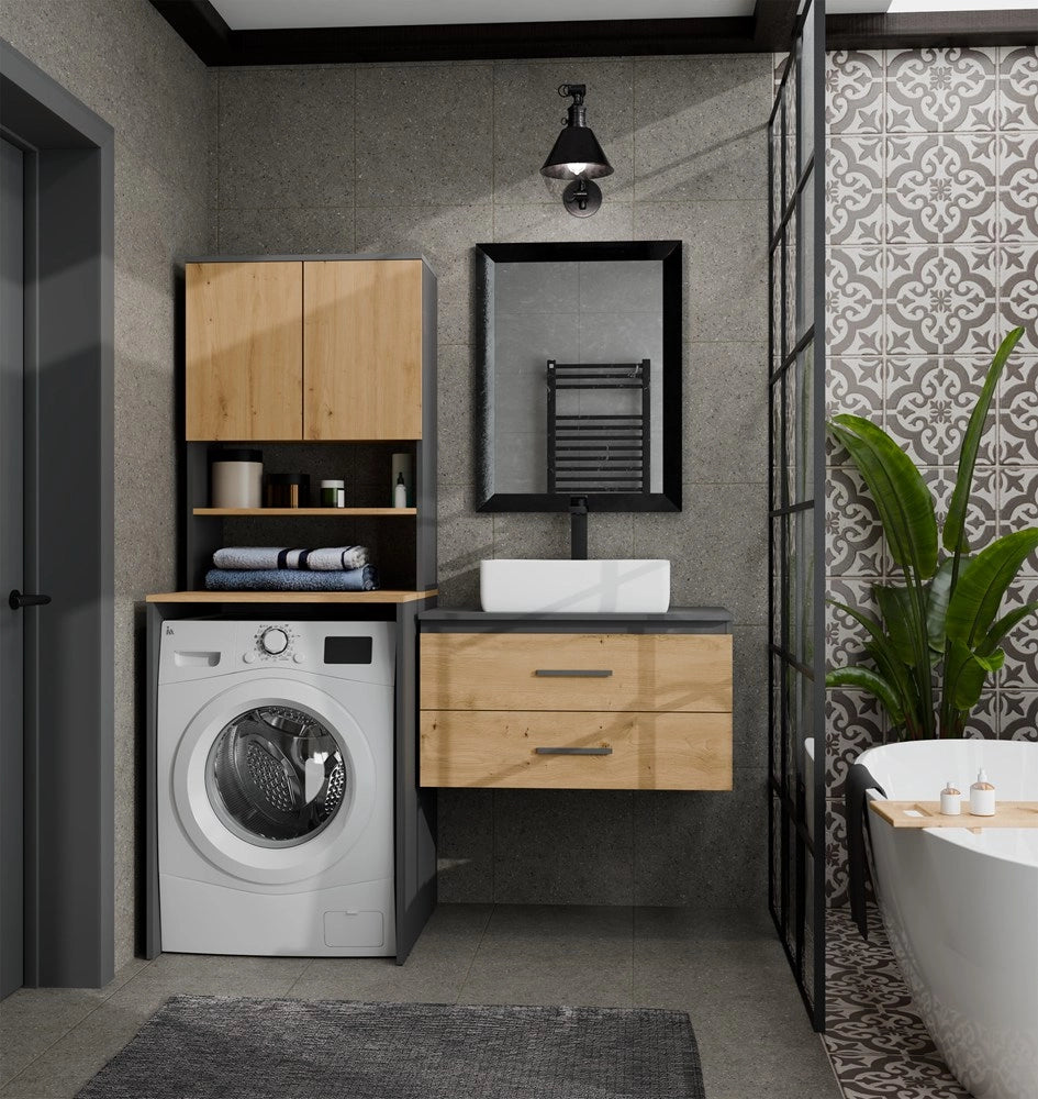 Mobile bagno POLA multi sopra lavatrice colonna scaffale antracite rovere artisan