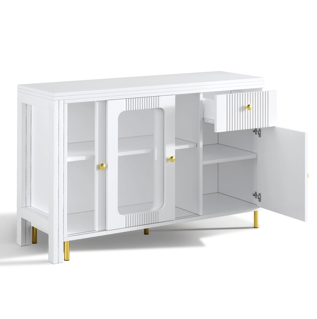 Credenza 116x40x78.5 cm con piano estensibile; ante scorrevoli in vetro; MDF bianco