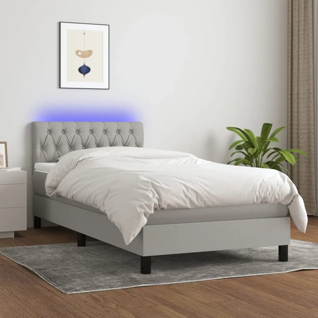 Letto singolo | Letto per adulti | Letto a Molle Materasso e LED Grigio Chiaro 90x200 cm Tessuto
