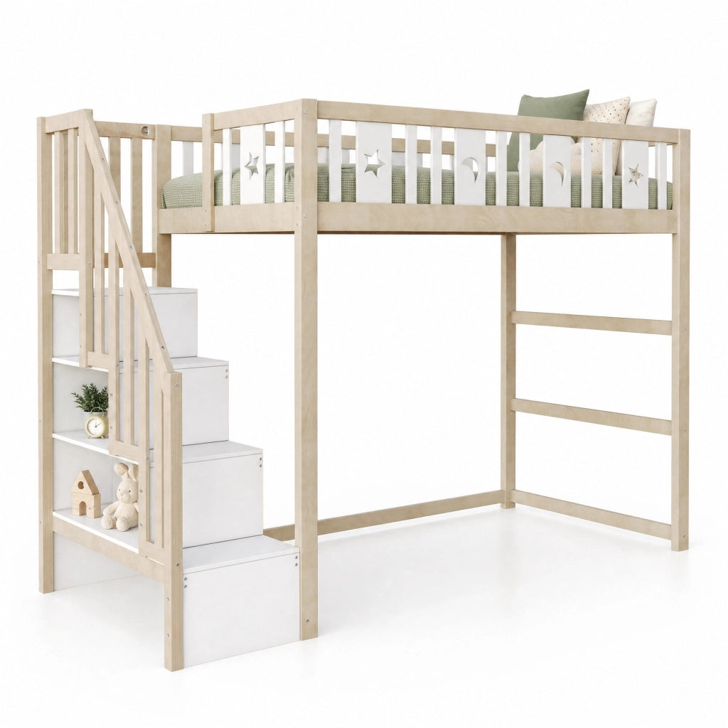 Letto a soppalco per bambini 90x200 cm con scala e ripiani